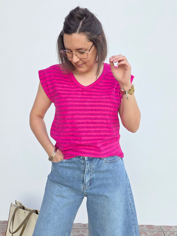 Tee-shirt éponge rayé rose et violet – Love by MD