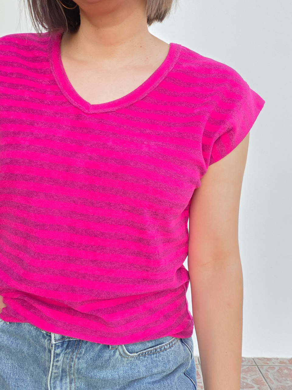 Tee-shirt éponge rayé rose et violet – Love by MD