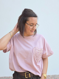 Tee-shirt en coton avec cœur brodé et strass – Taille unique