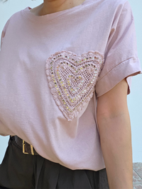 Tee-shirt en coton avec cœur brodé et strass – Taille unique