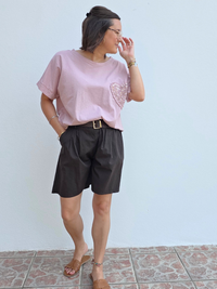 Tee-shirt en coton avec cœur brodé et strass – Taille unique