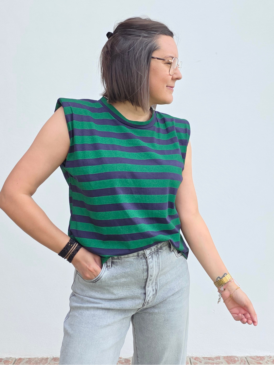 Top rayé marine et vert épaulettes – taille unique