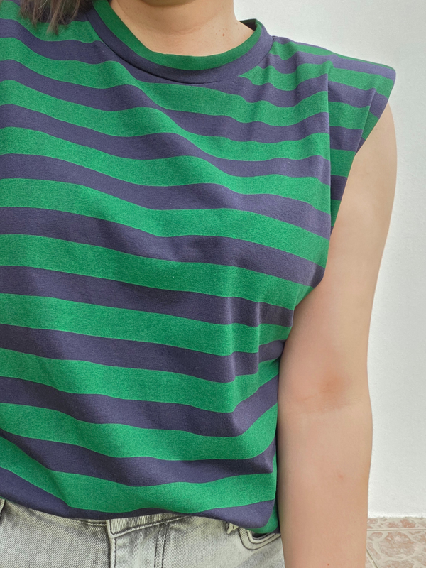 Top rayé marine et vert épaulettes – taille unique