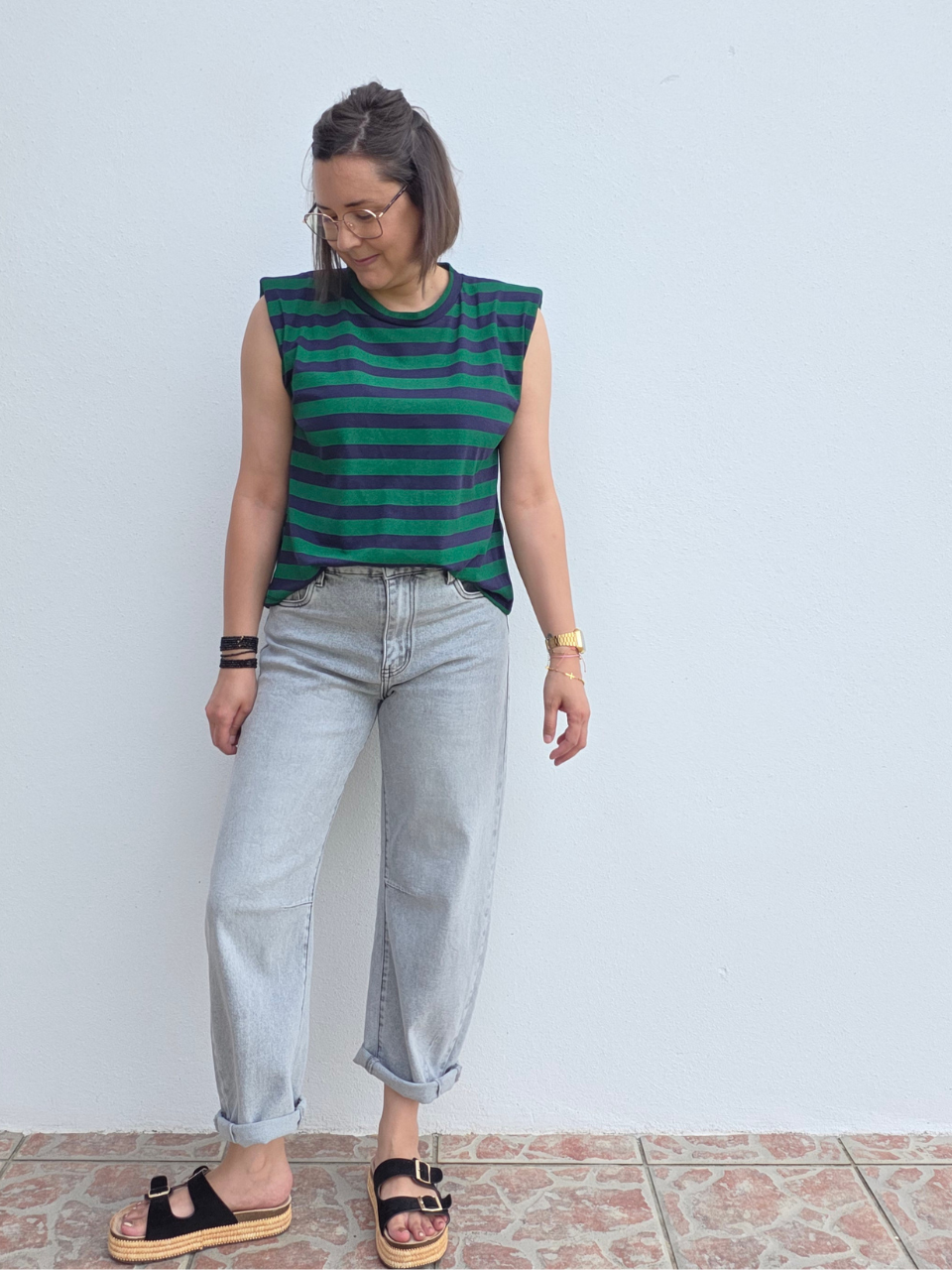 Top rayé marine et vert épaulettes – taille unique