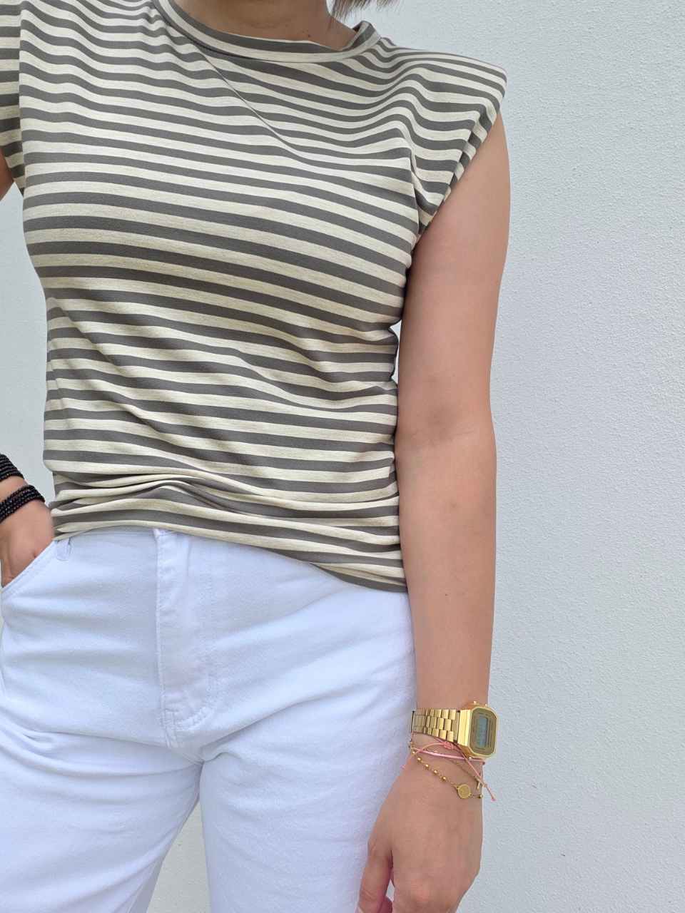 Top rayé beige et kaki à épaulettes - Taille unique