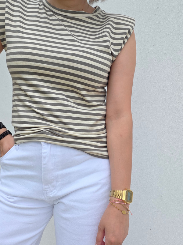 Top rayé beige et kaki à épaulettes - Taille unique