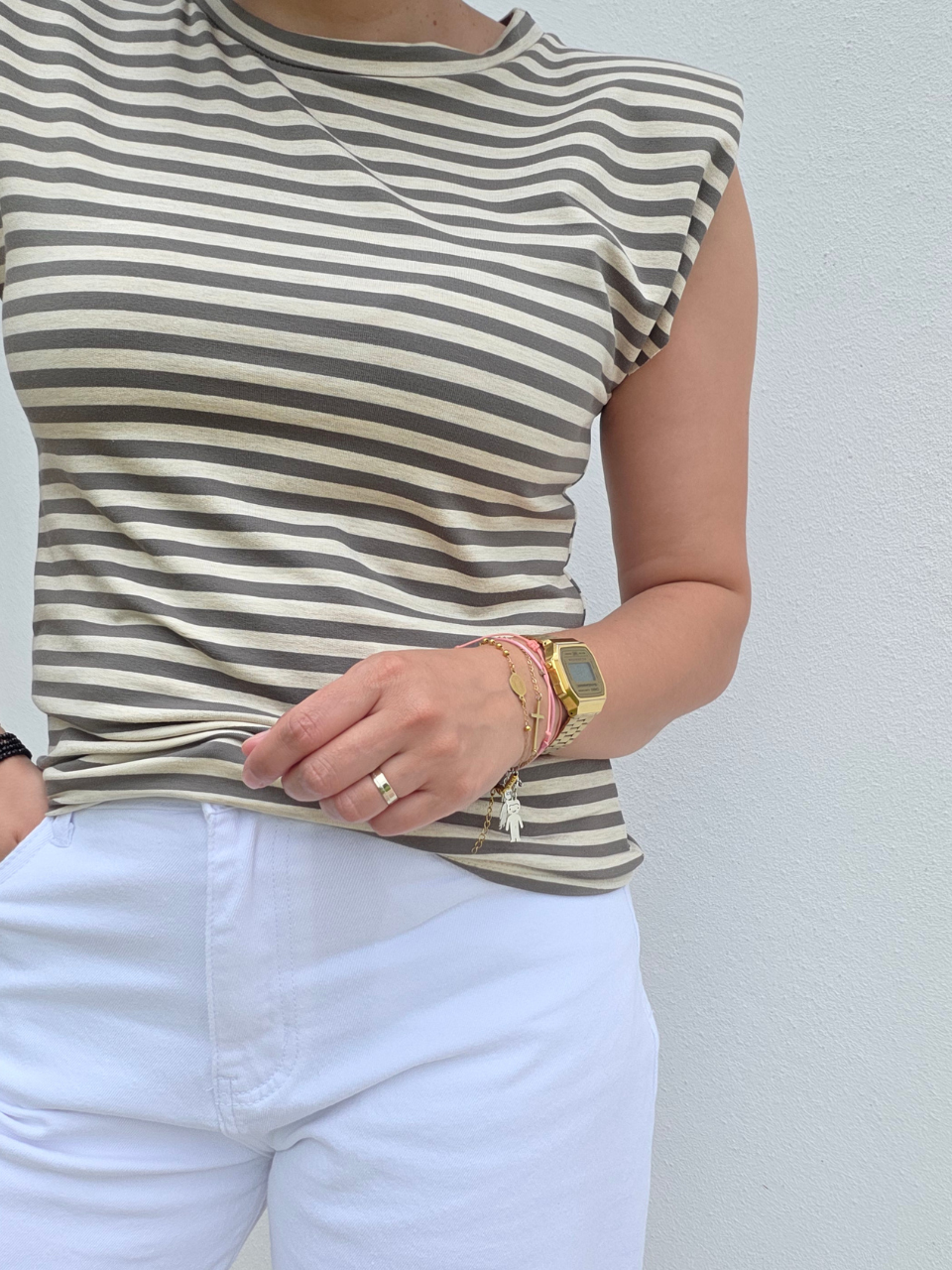 Top rayé beige et kaki à épaulettes - Taille unique