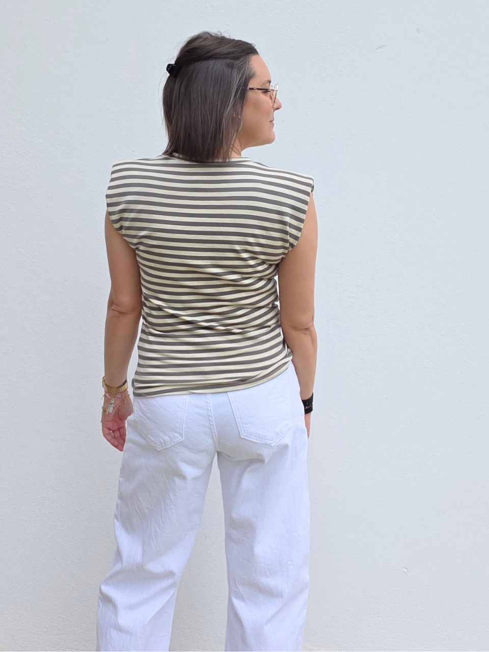Top rayé beige et kaki à épaulettes - Taille unique
