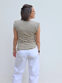 Top rayé beige et kaki à épaulettes - Taille unique