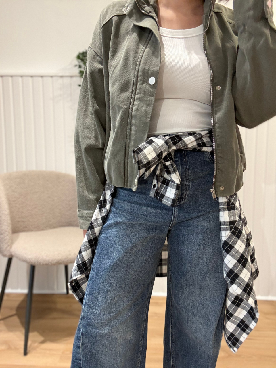 Veste bomber en jean kaki délavé femme
