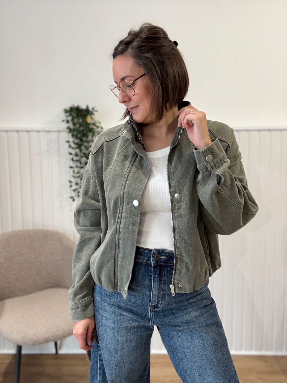 Veste bomber en jean kaki délavé femme
