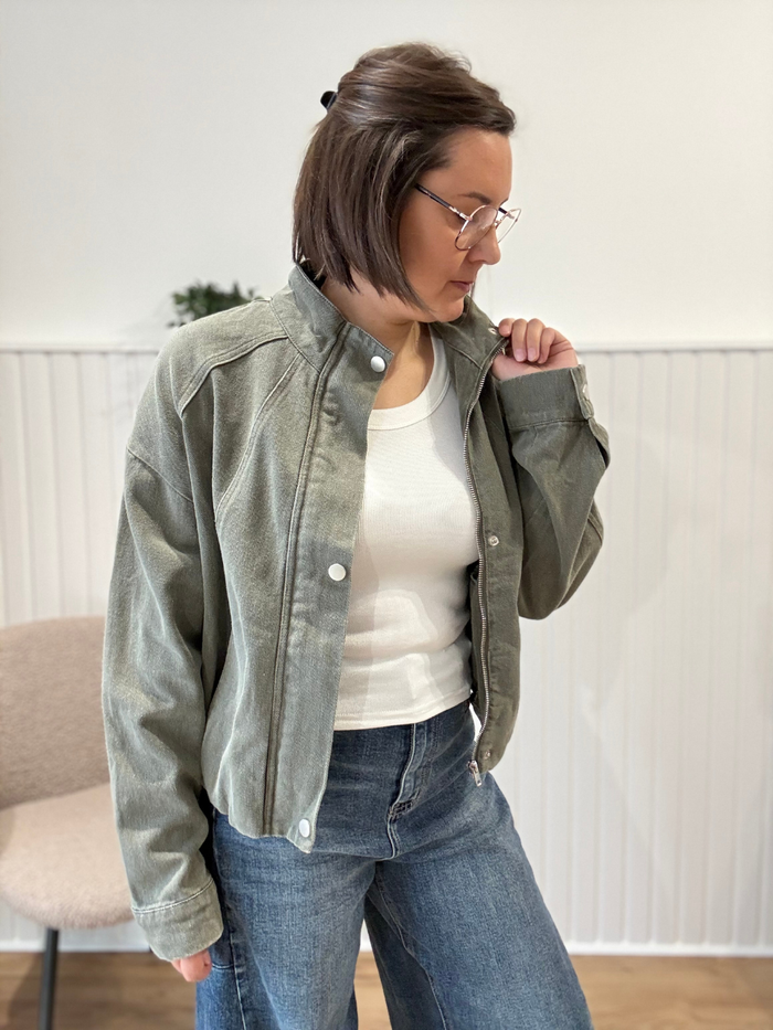 Veste bomber en jean kaki délavé femme