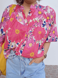 Blouse fleurie fuchsia & jaune – coupe oversize