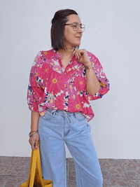 Blouse fleurie fuchsia & jaune – coupe oversize