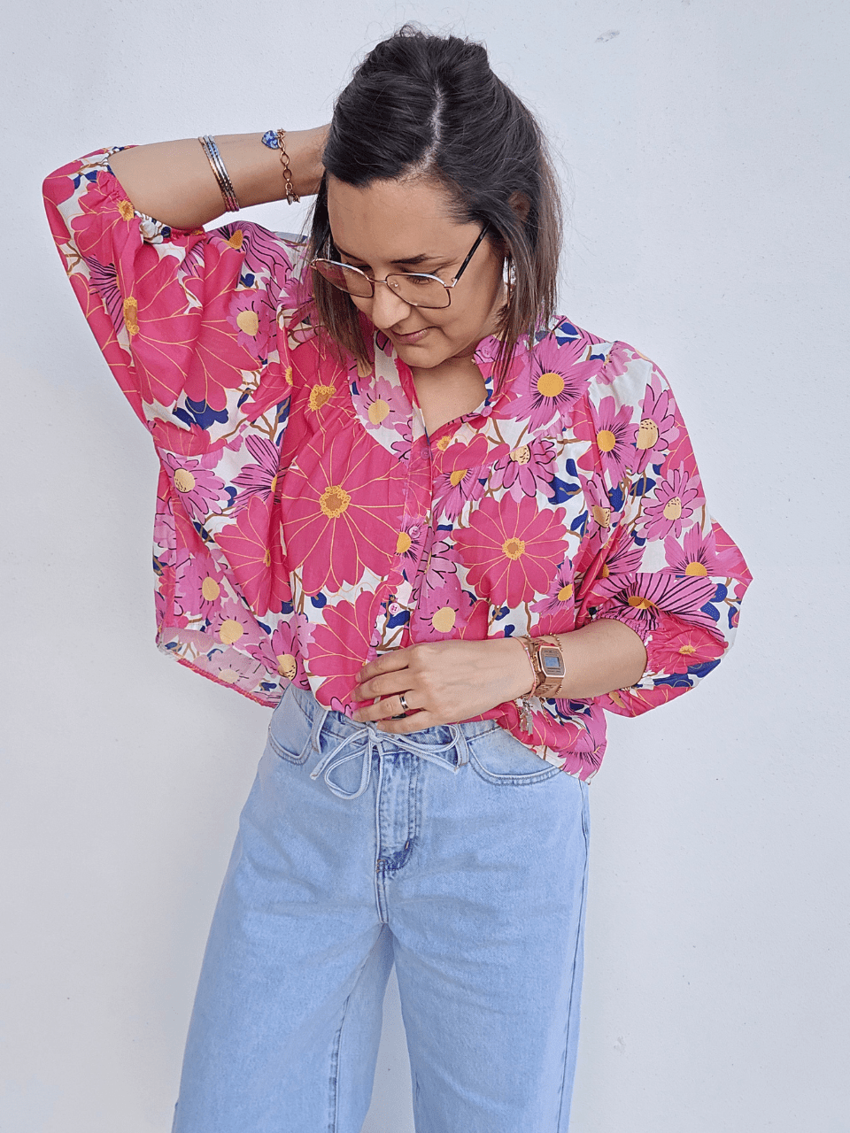 Blouse fleurie fuchsia & jaune – coupe oversize