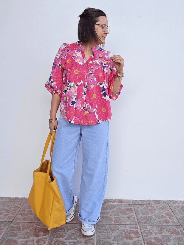 Blouse fleurie fuchsia & jaune – coupe oversize