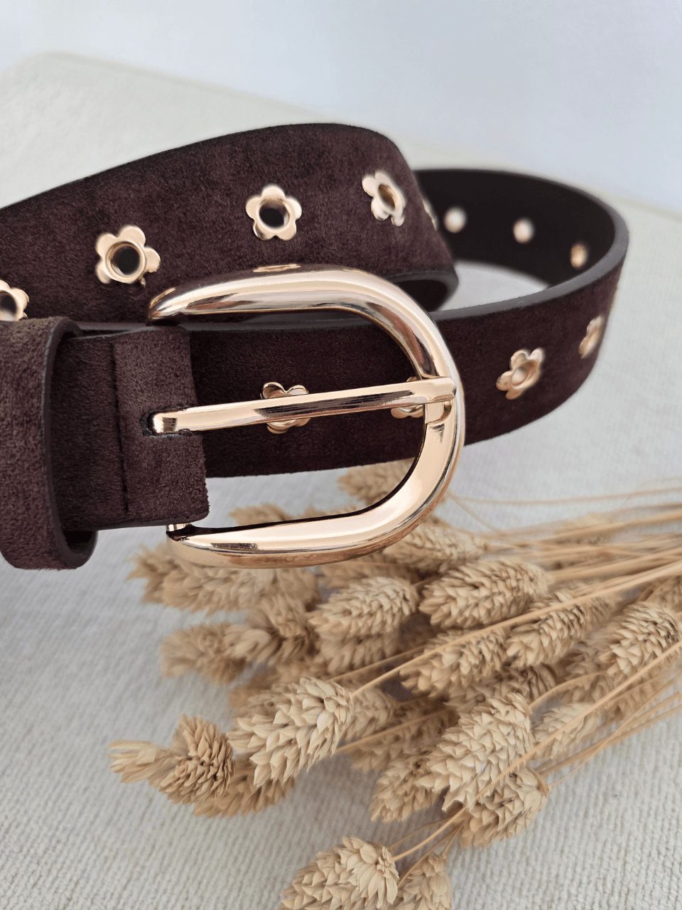 Ceinture marron femme détails dorés – Boucle ronde & motifs marguerite