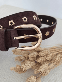 Ceinture marron femme détails dorés – Boucle ronde & motifs marguerite