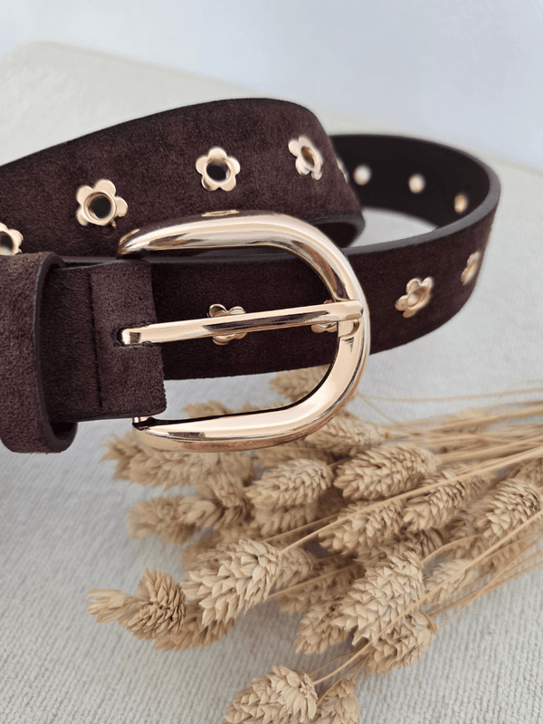 Ceinture marron femme détails dorés – Boucle ronde & motifs marguerite