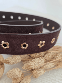 Ceinture marron femme détails dorés – Boucle ronde & motifs marguerite