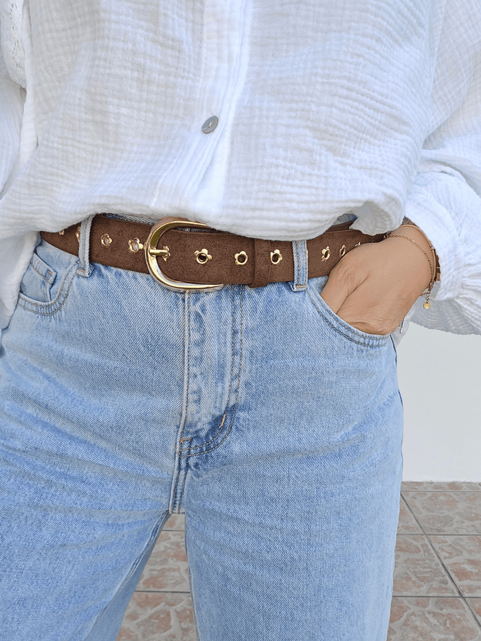Ceinture marron femme détails dorés – Boucle ronde & motifs marguerite