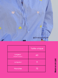 Blouse rayée bleue cœurs brodés – col volanté