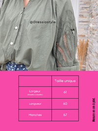 Chemise femme manches brodées ajourées – kaki ou marine
