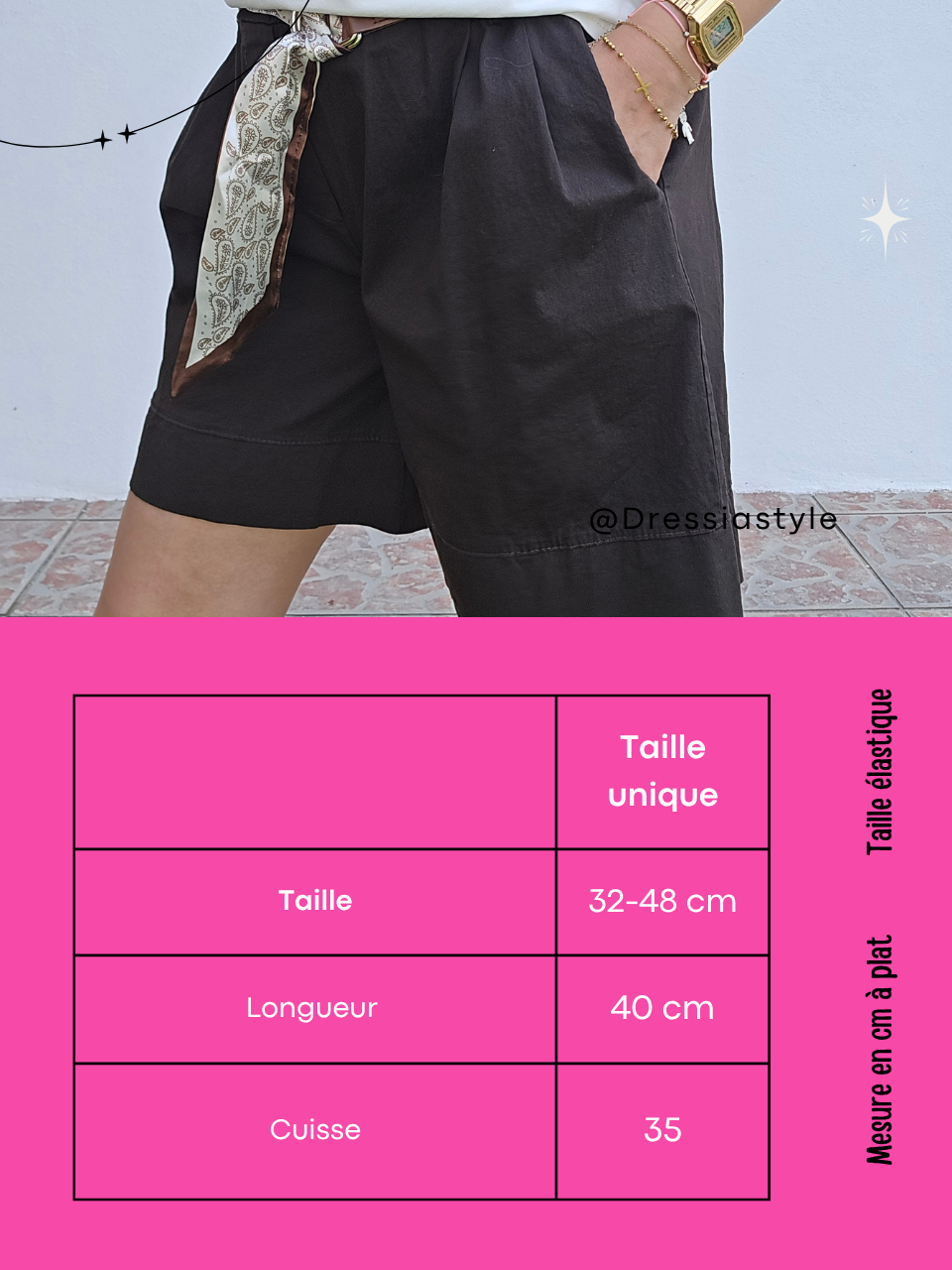 Short évasé avec ceinture bimatère incluse – marron, kaki ou bleu nuit – Taille unique