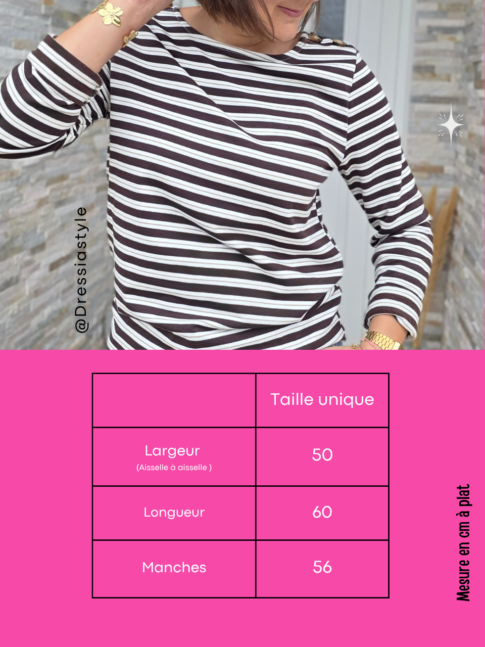Tee-shirt femme rayé marron manches longues à boutons