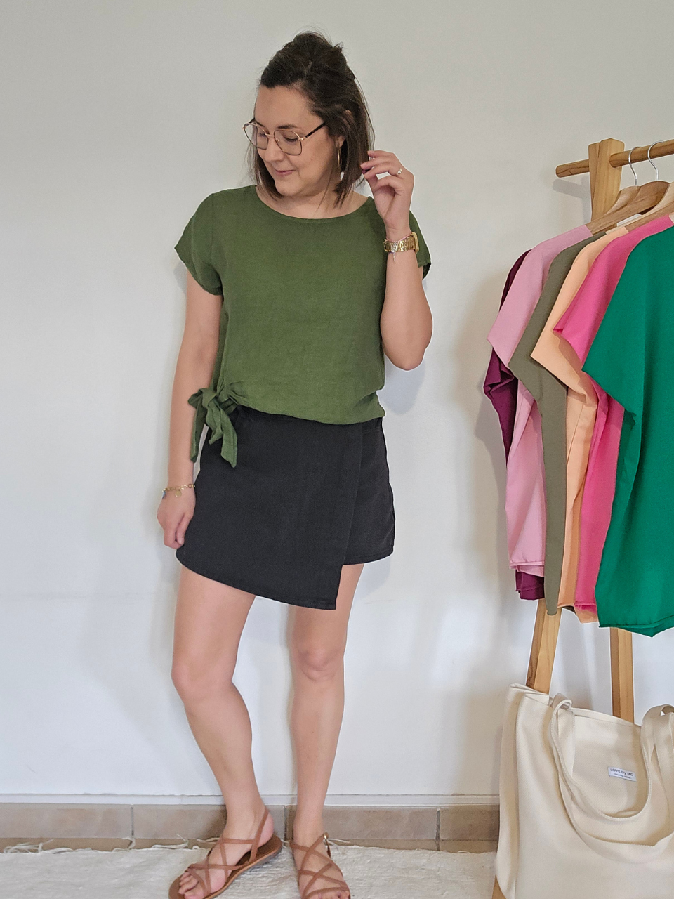 Haut en lin femme avec nœud latéral – Vert ou Terracotta