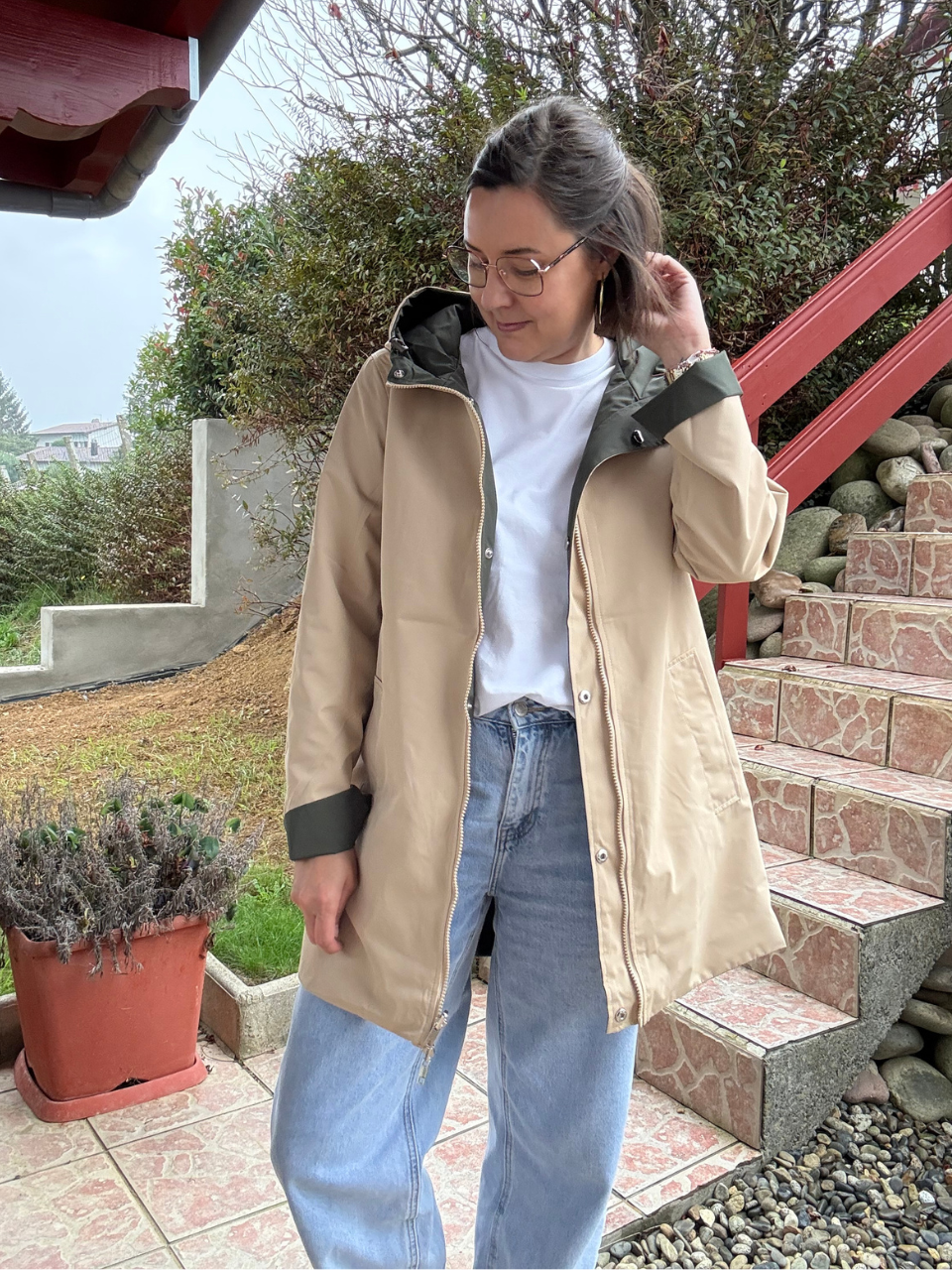 Imperméable réversible femme kaki et beige déperlante à capuche