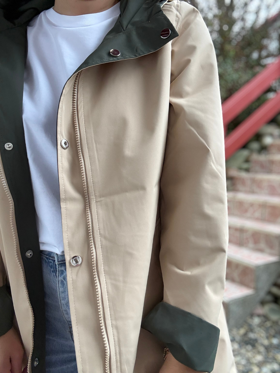 Imperméable réversible femme kaki et beige déperlante à capuche