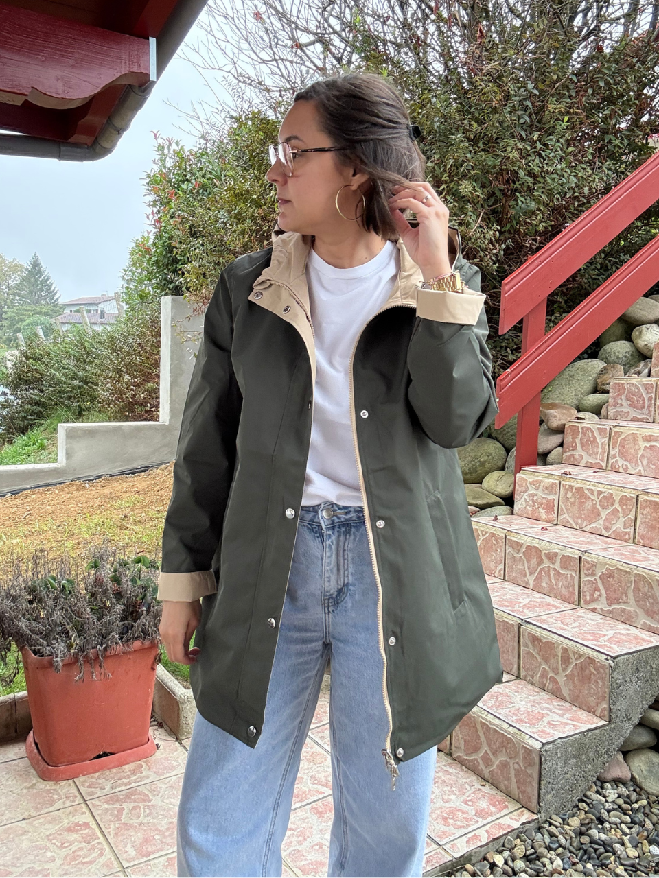 Imperméable réversible femme kaki et beige déperlante à capuche