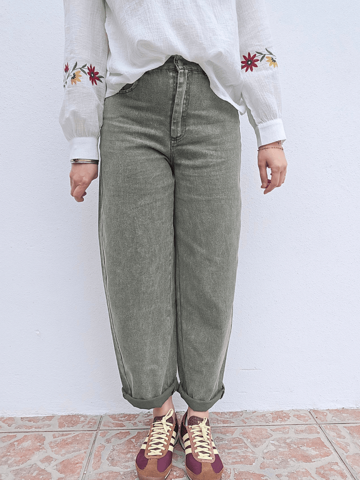 Jean femme coupe barrel kaki