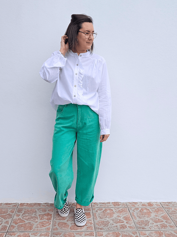 Jean femme coupe barrel vert délavé