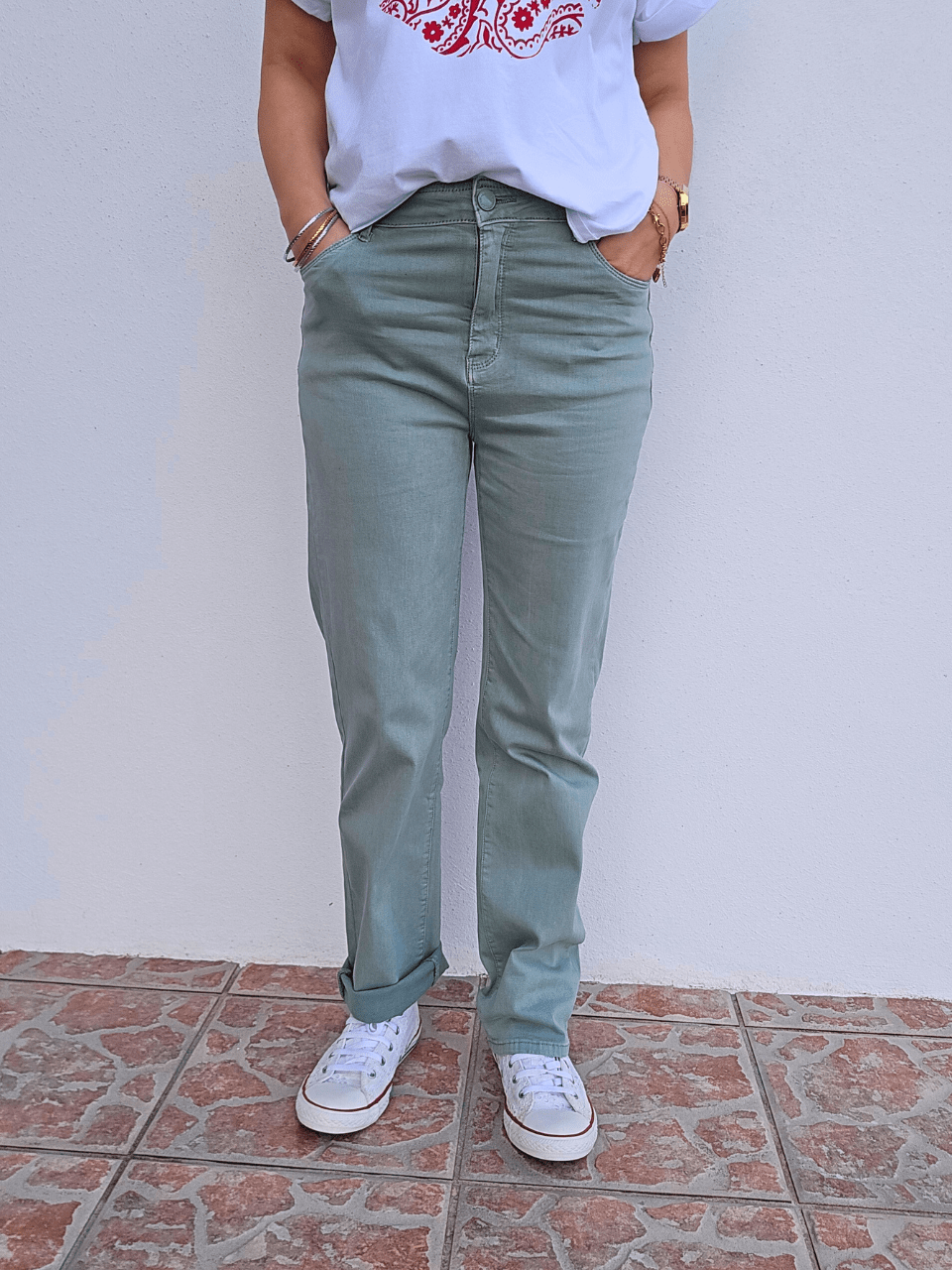 Jean femme straight vert sauge