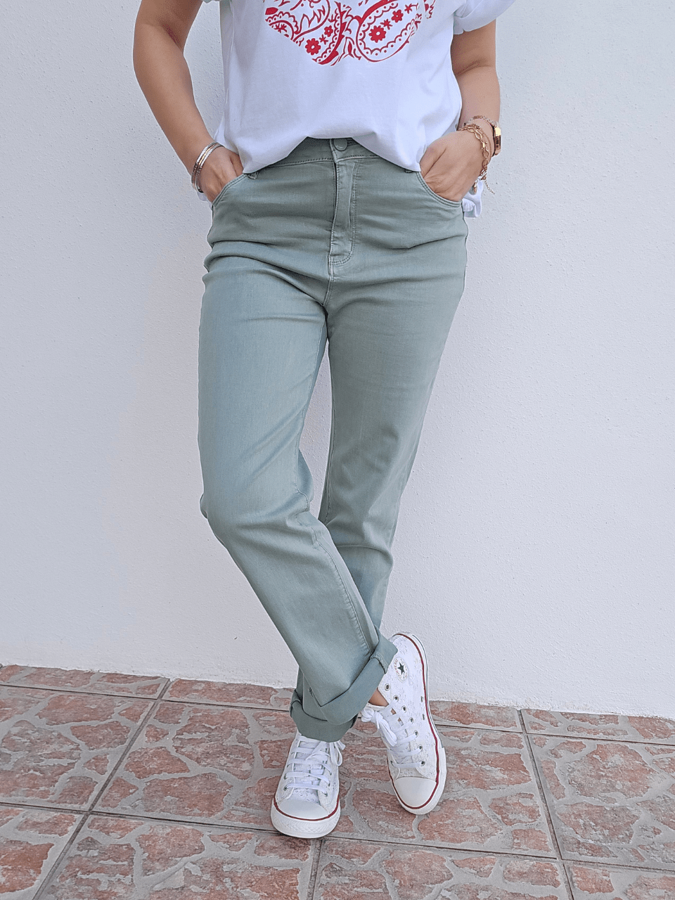 Jean femme straight vert sauge