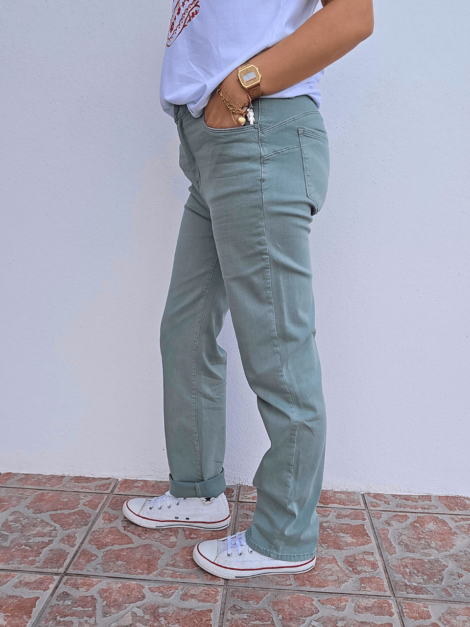 Jean femme straight vert sauge