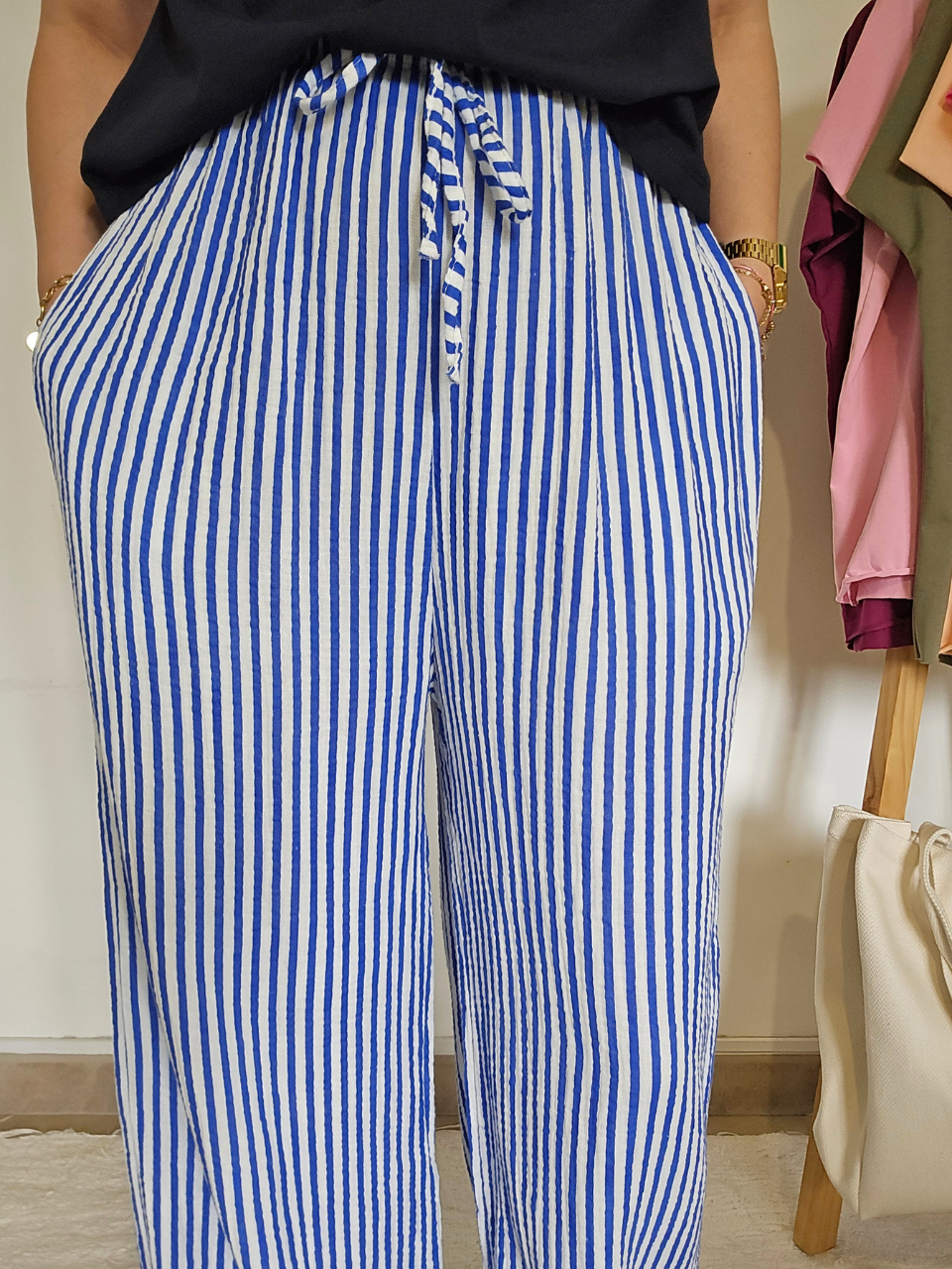 Pantalon rayé en gaze de coton – 3 coloris