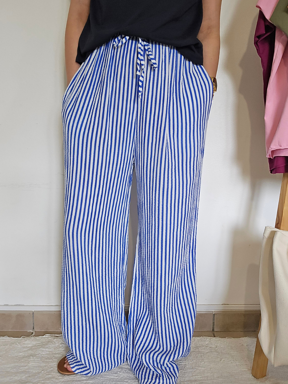 Pantalon rayé en gaze de coton – 3 coloris