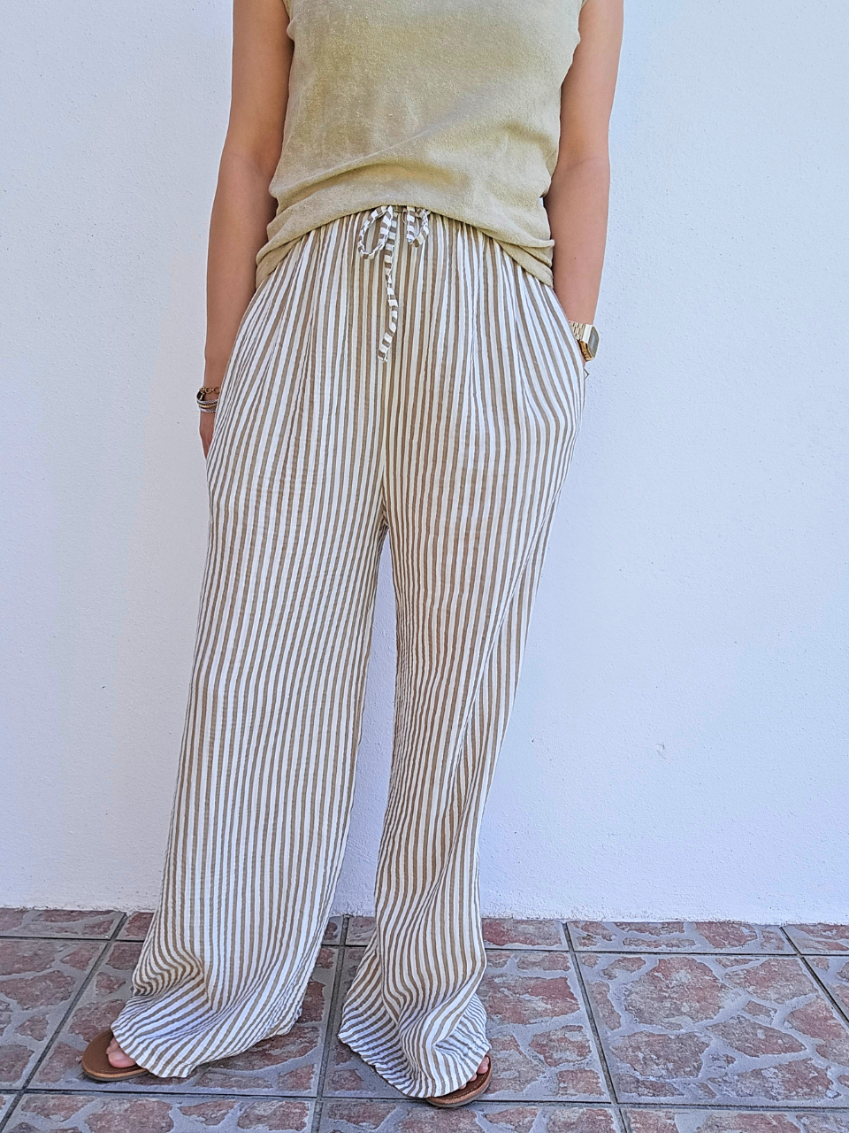 Pantalon rayé en gaze de coton – 3 coloris