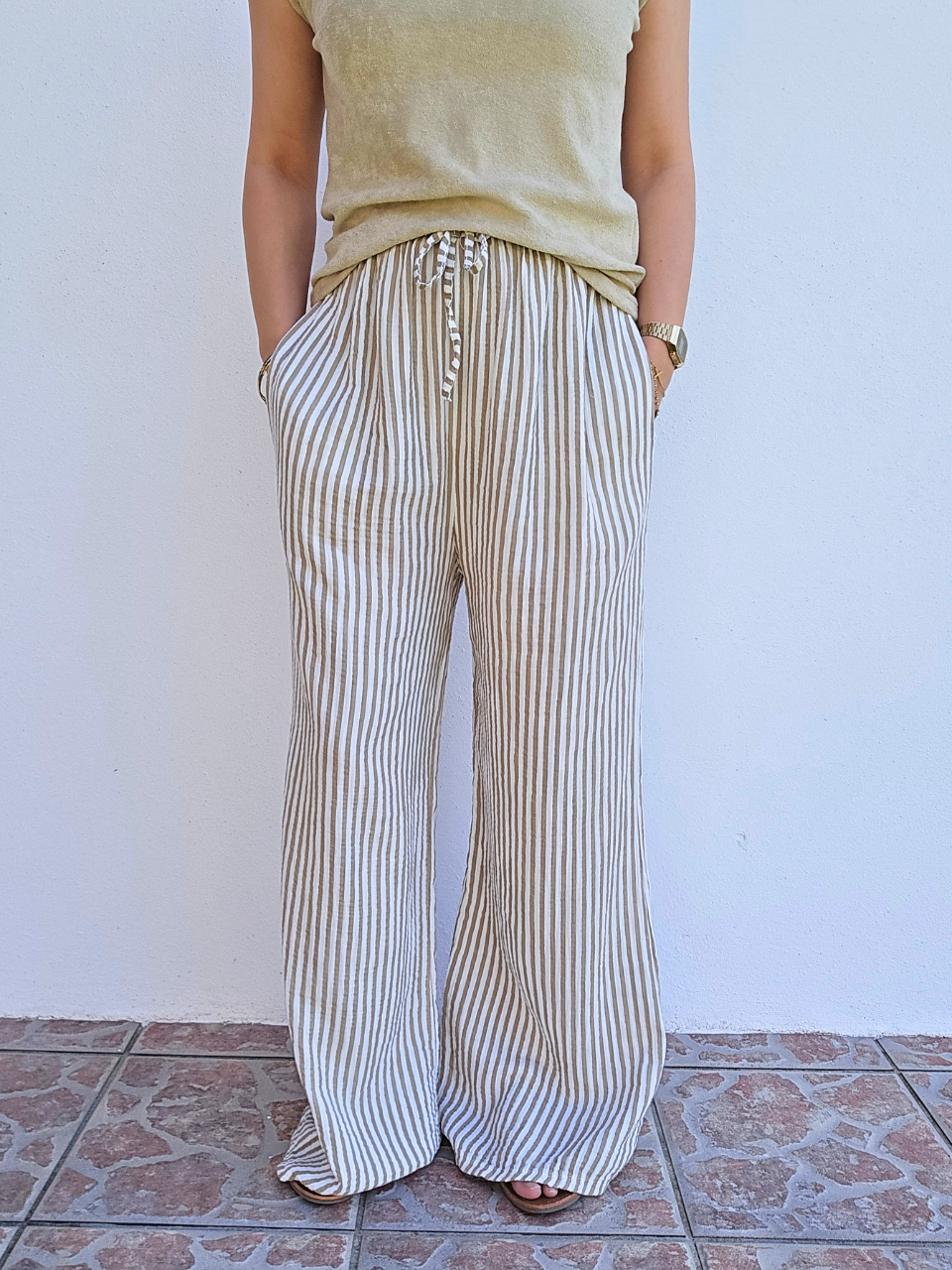 Pantalon rayé en gaze de coton – 3 coloris