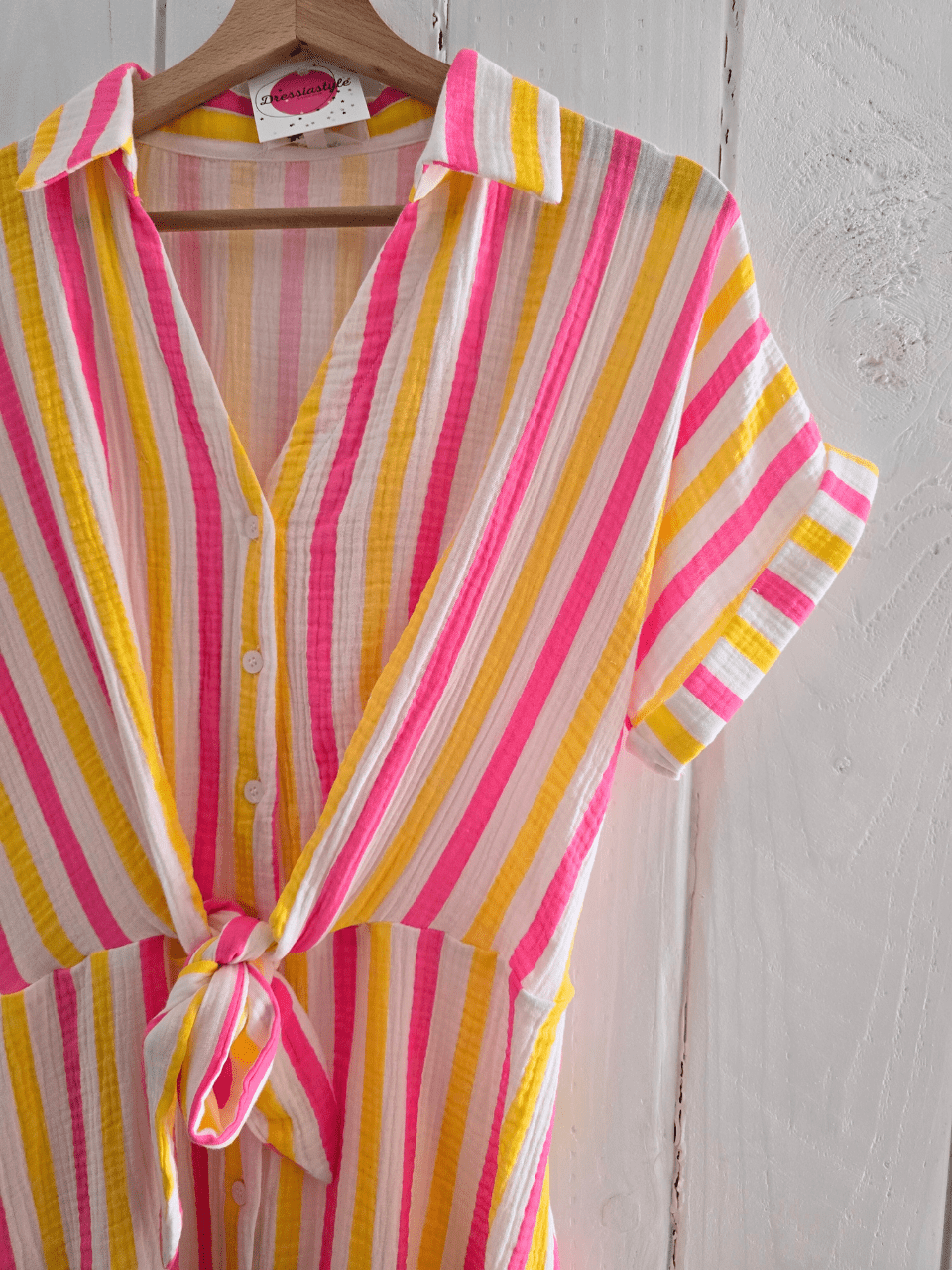 Robe courte en gaze de coton rayée – Rose & jaune vitaminé