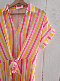 Robe courte en gaze de coton rayée – Rose & jaune vitaminé