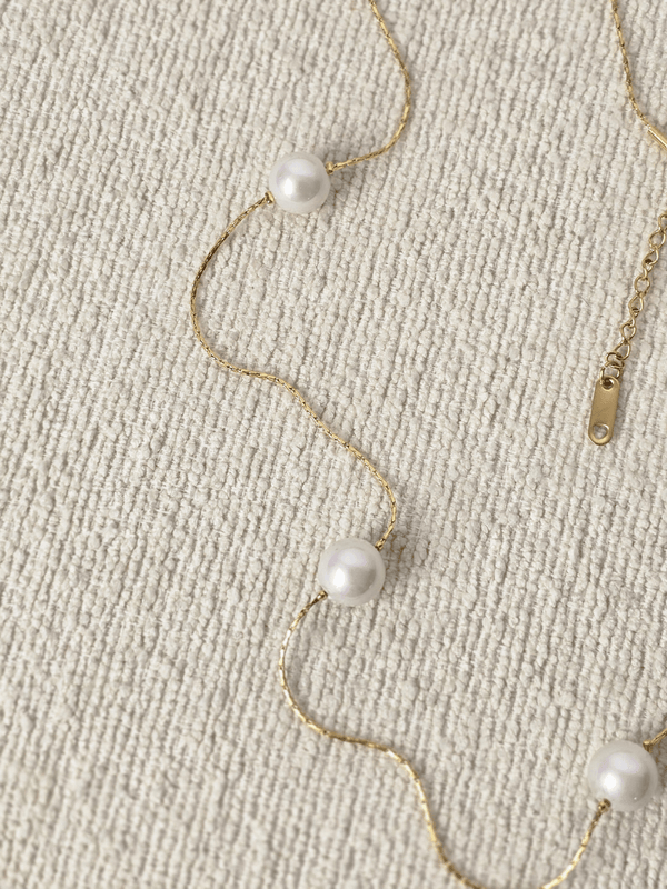 Collier sautoir perles blanches femme – Chaîne dorée élégante acier inoxydable