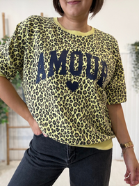 Sweat léopard jaune Amour femme manches 3/4