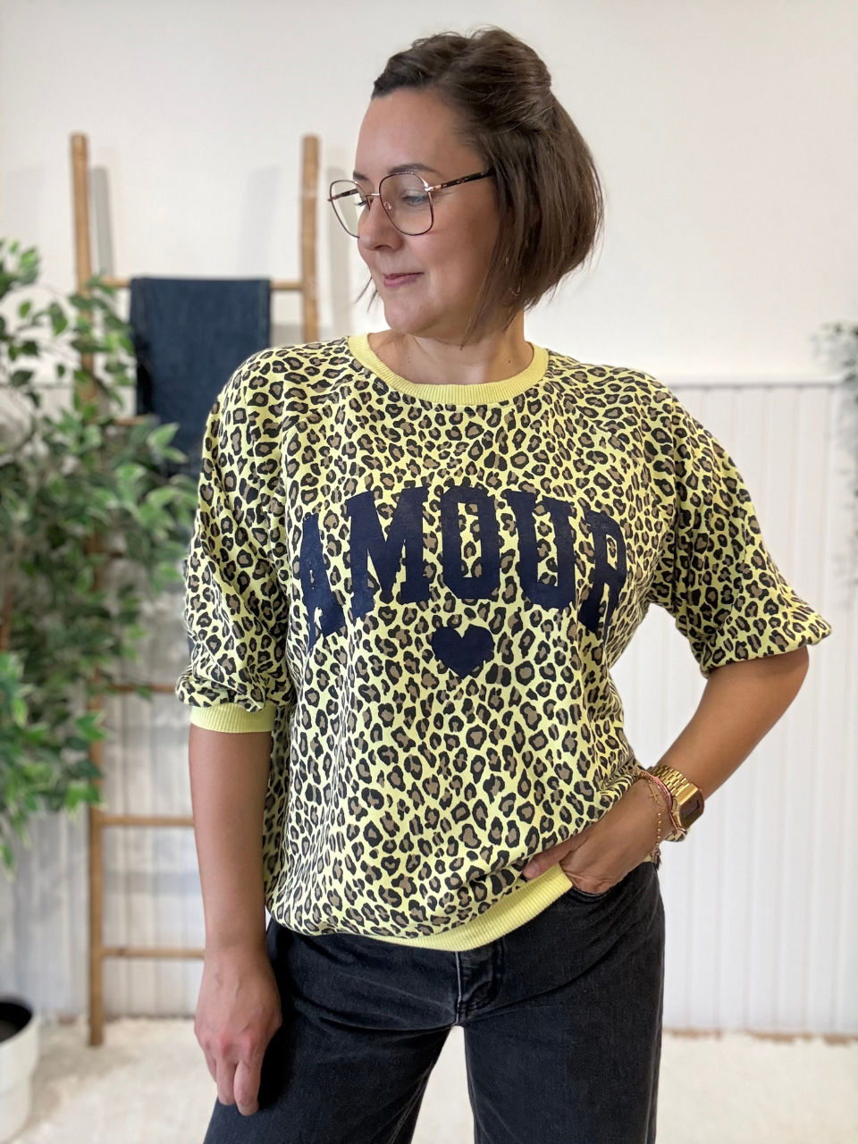 Sweat léopard jaune Amour femme manches 3/4