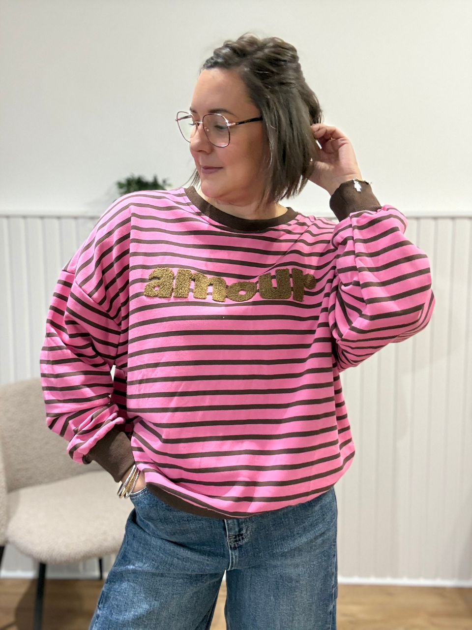 Sweat femme rayé rose et marron Amour – Coupe oversize