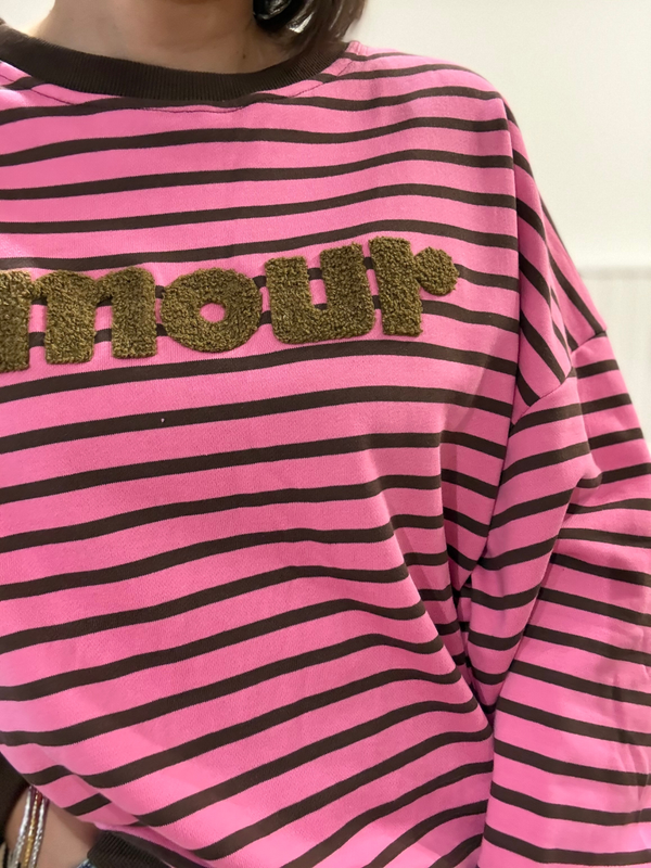 Sweat femme rayé rose et marron Amour – Coupe oversize