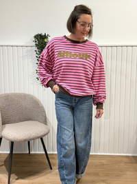 Sweat femme rayé rose et marron Amour – Coupe oversize